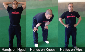 This is a picture of varying types of recovery - hands on head, hands on knees, or hands on hips.