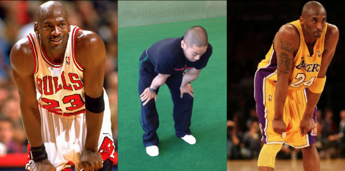 This is a picture of Michael Jordan, myself, and Kobe Bryant all with our hands on our knees.