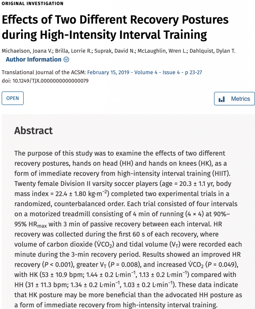 This is a picture of the abstract of two different recovery postures during high intensity interval training - hands on knees, and hands on head.